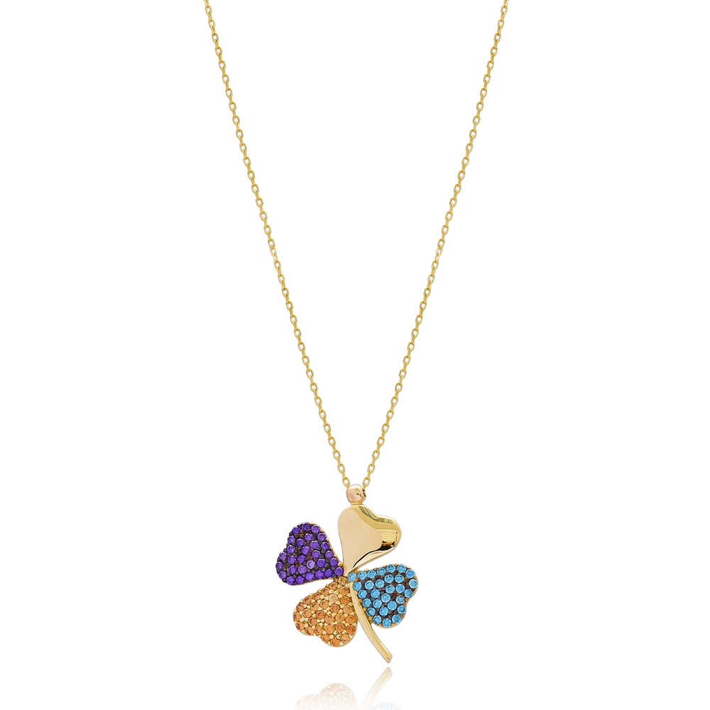 14k Gold Colorful Four Leaf Clover Design Minimal Pendant