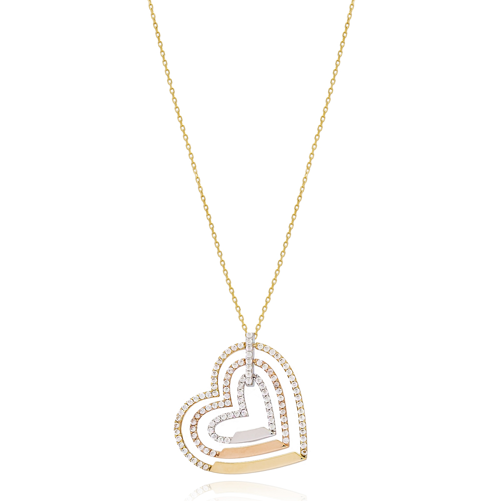 Triple Heart Pendant Turkish 14k Gold Necklace