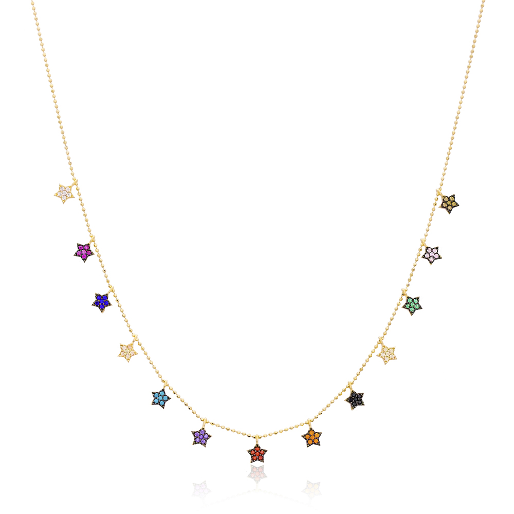 14K Gold Multi Color Stone Shaker Star Charm Pendant Wholesale Handmade Turkish Jewelry