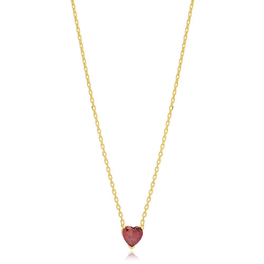 Heart Shape Garnet Stone Charm Necklace Turkish Handcrafted 14K Gold Jewelry