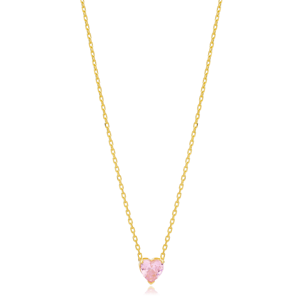 Heart Shape Pink Quartz Stone Charm Necklace Turkish Handcrafted 14K Gold Jewelry