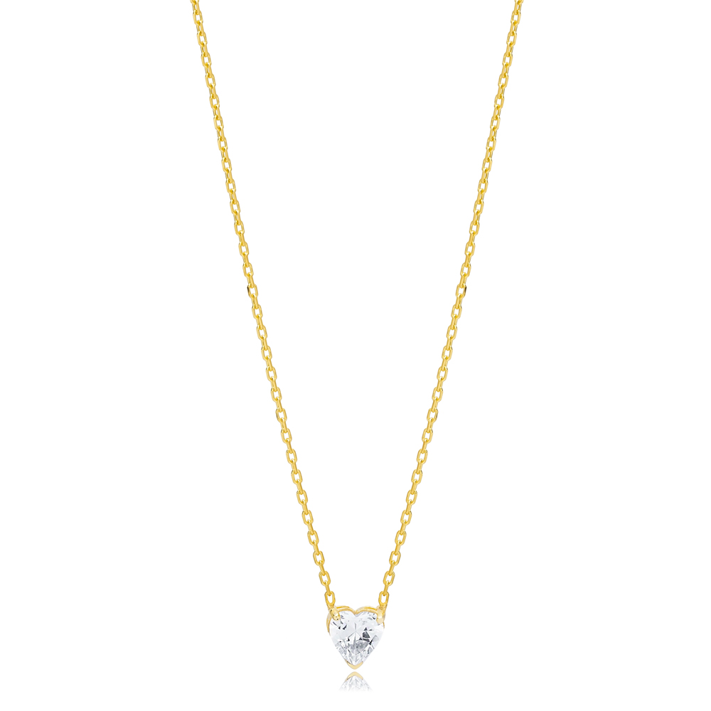 Heart Shape Clear Zircon Stone Charm Necklace Turkish Handcrafted 14K Gold Jewelry