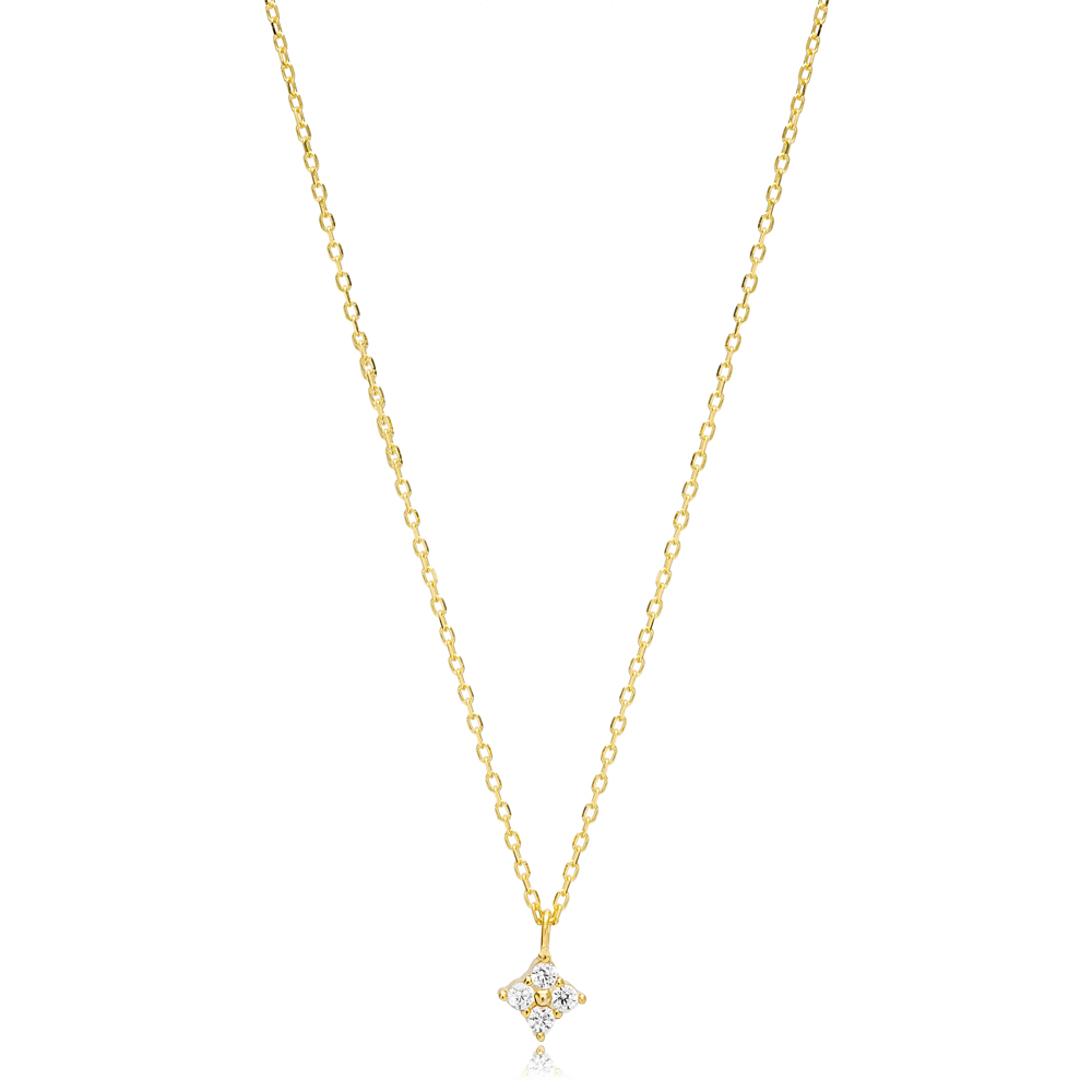 Minimalist Geometric Shape Zircon Stone Charm Necklace Turkish Handcrafted 14K Gold Jewelry