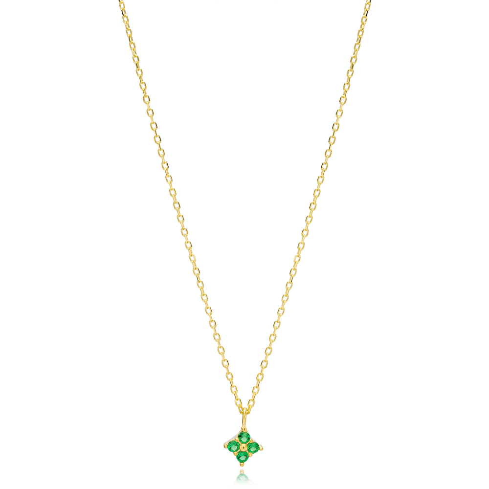 Minimalist Geometric Shape Emerald Stone Charm Necklace Turkish Handcrafted 14K Gold Jewelry