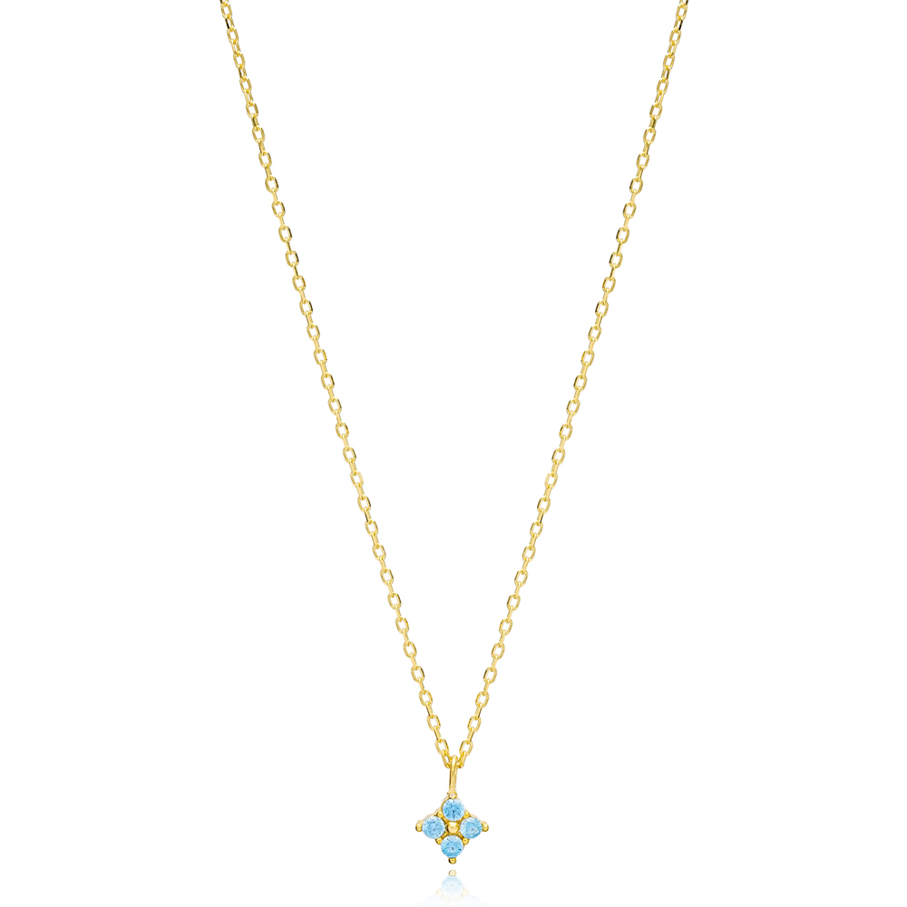 Minimalist Geometric Shape Aquamarine Stone Charm Necklace Turkish Handcrafted 14K Gold Jewelry