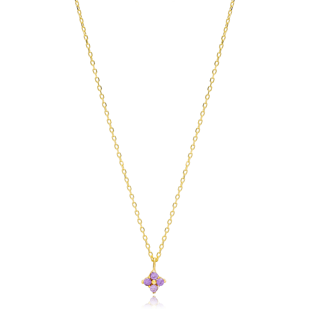 Minimalist Geometric Shape Amethyst Stone Charm Necklace Turkish Handcrafted 14K Gold Jewelry