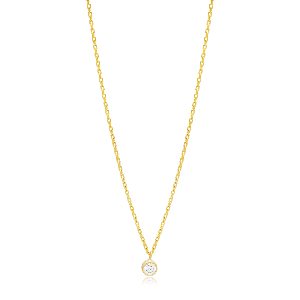 Round Shape Shiny Zircon Stone Charm Necklace Turkish Handcrafted 14K Gold Jewelry