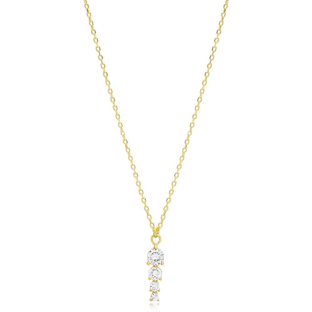 Quaternary Round Shape Shiny Zircon Stone Charm Necklace Turkish Handcrafted 14K Gold Jewelry