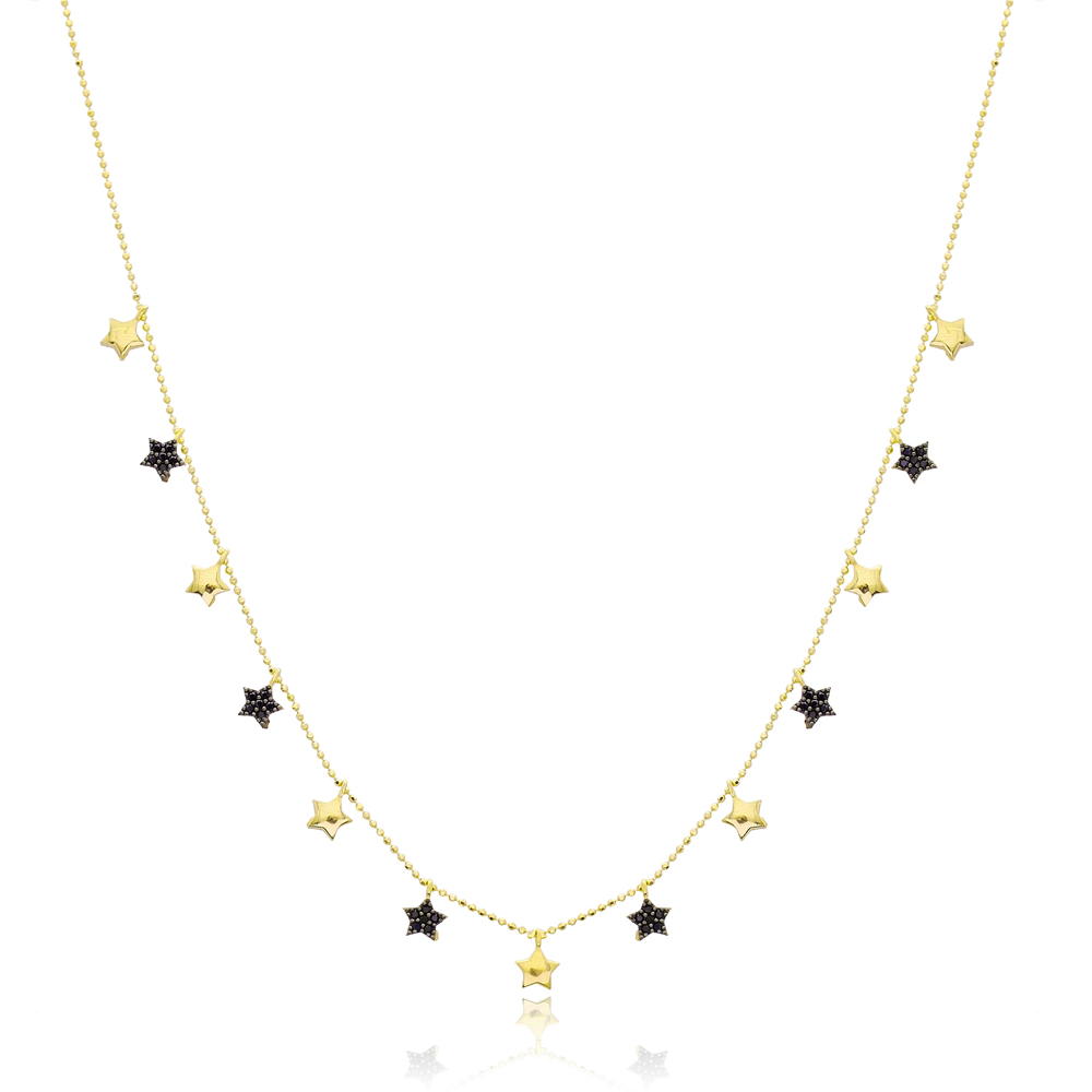 Star Charm Black Zircon Stone Shaker Necklace Wholesale Turkish Handcrafted 14K Gold Jewelry