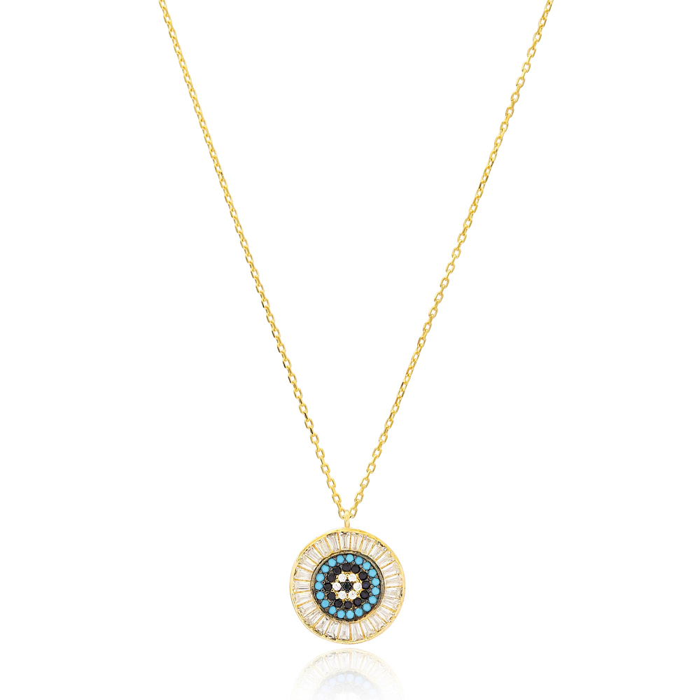 Evil Eye Design Charm Necklace Turkish Handcrafted 14K Gold Jewelry