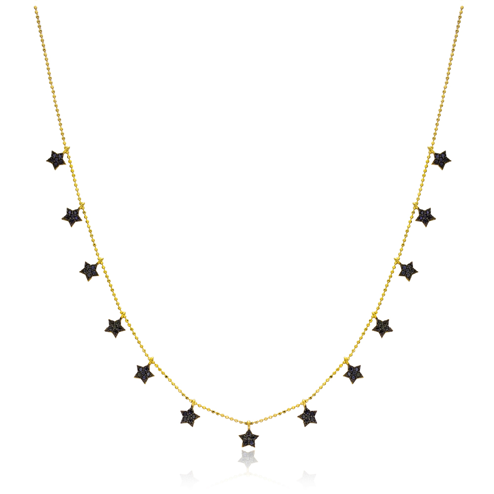 Black Zircon Stone Star Charm Shaker Necklace Wholesale Turkish Handcrafted 14K Gold Jewelry