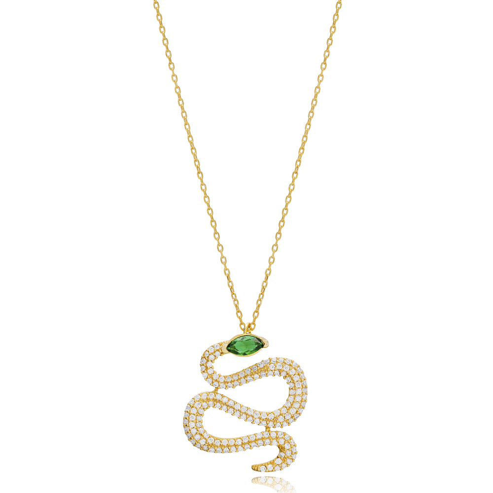 Snake Design Emerald with Zircon Charm Necklace Turkish Handcrafted 14K Gold Jewelry