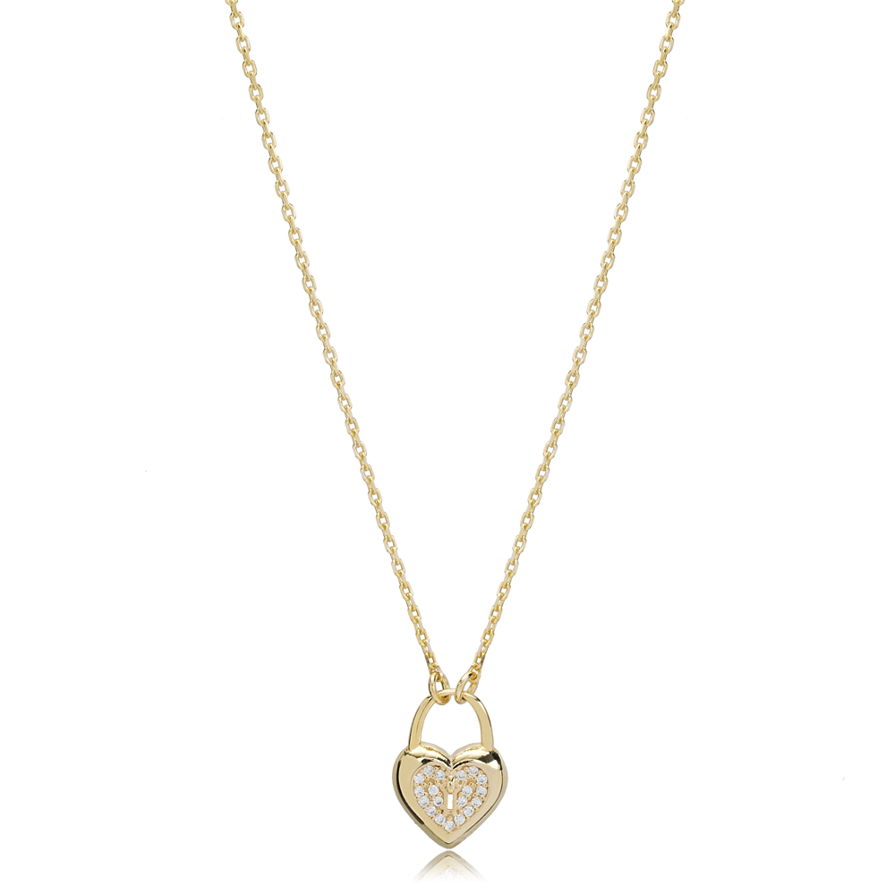 Padlock Heart Shape Zircon Stone Charm Necklace Turkish Handcrafted 14K Gold Jewelry