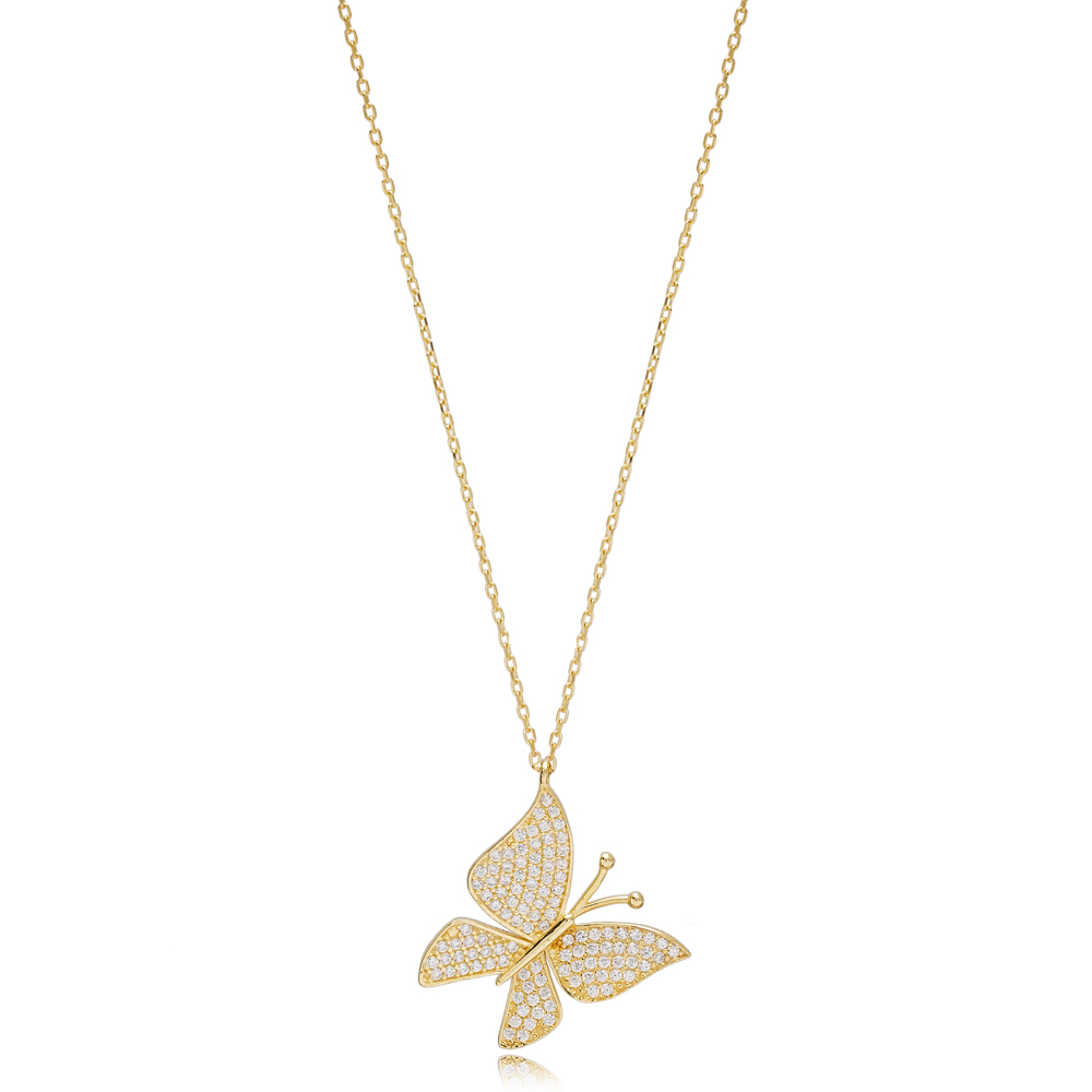 Butterfly Animal Design Zircon Stone Charm Necklace Turkish Handcrafted 14K Gold Jewelry