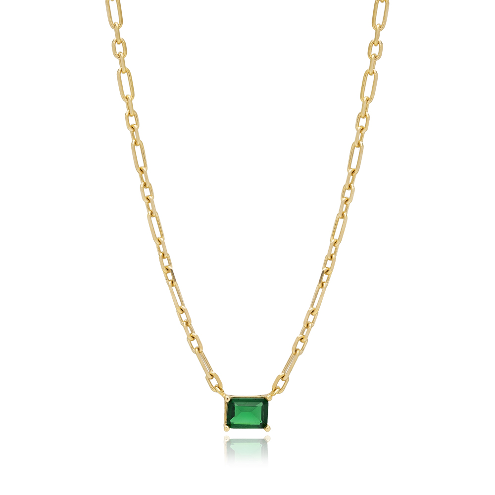 Square Shape Emerald Stone Charm Necklace Turkish Handcrafted 14K Gold Jewelry