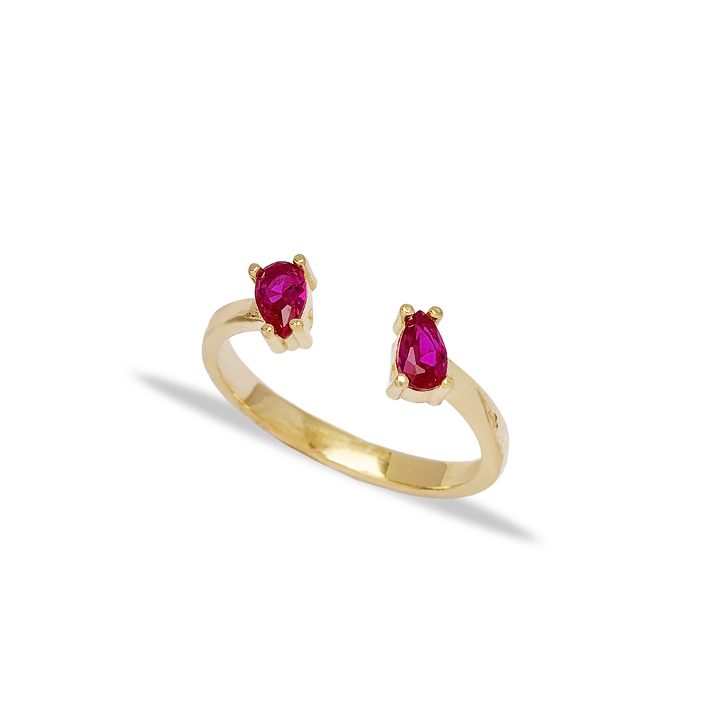 Pear Shape Double Ruby Stone Adjustable Ring 14k Gold Jewelry