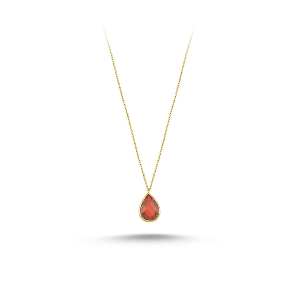 Red Stone Drop Design Handmade Turkish Wholesale 14K Gold Pendant