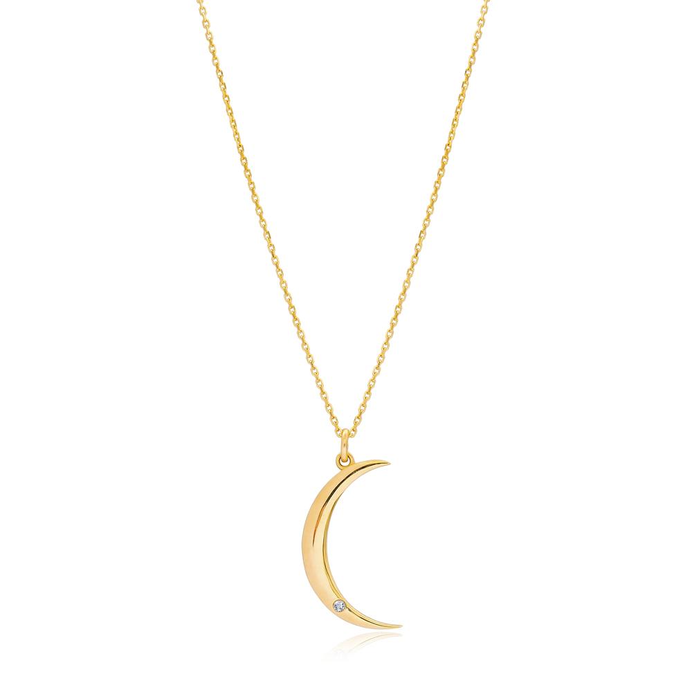 Moon Design 0.01 Carat Diamond Turkish Wholesale 14k Gold Necklace