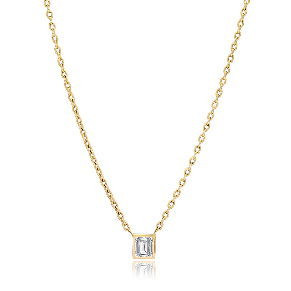 Diamond 0.16 Carat Square Design Turkish Wholesale 14k Gold Necklace