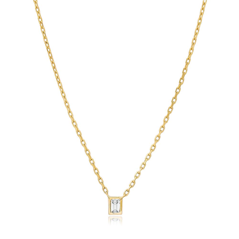 Rectangle Design 0.05 Carat Diamond Turkish Wholesale 14k Gold Necklace