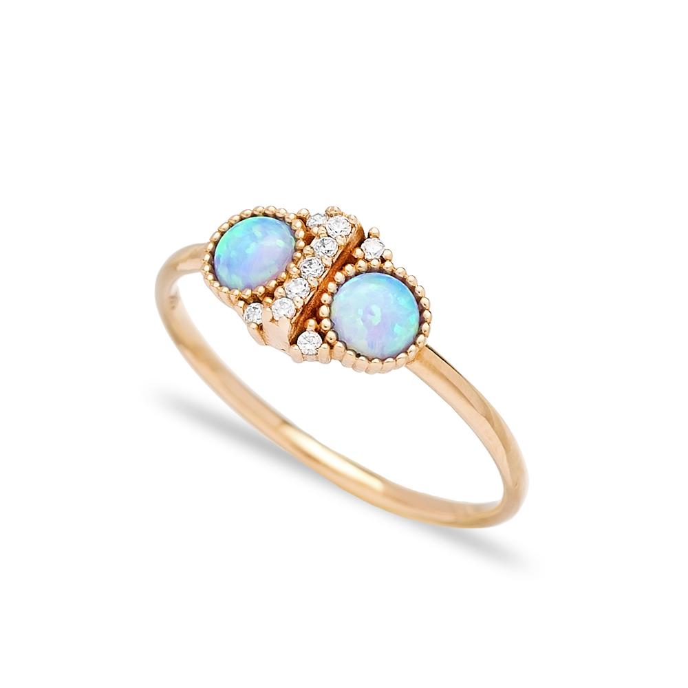 Rounded Blue Opal Stone Wholesale Turkish 14K  Gold Ring