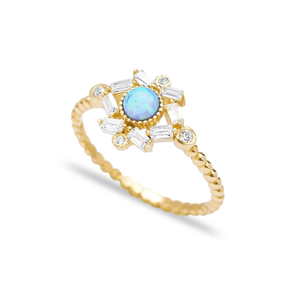 Minimal Design Blue Opal Wholesale Turkish 14K  Gold Ring