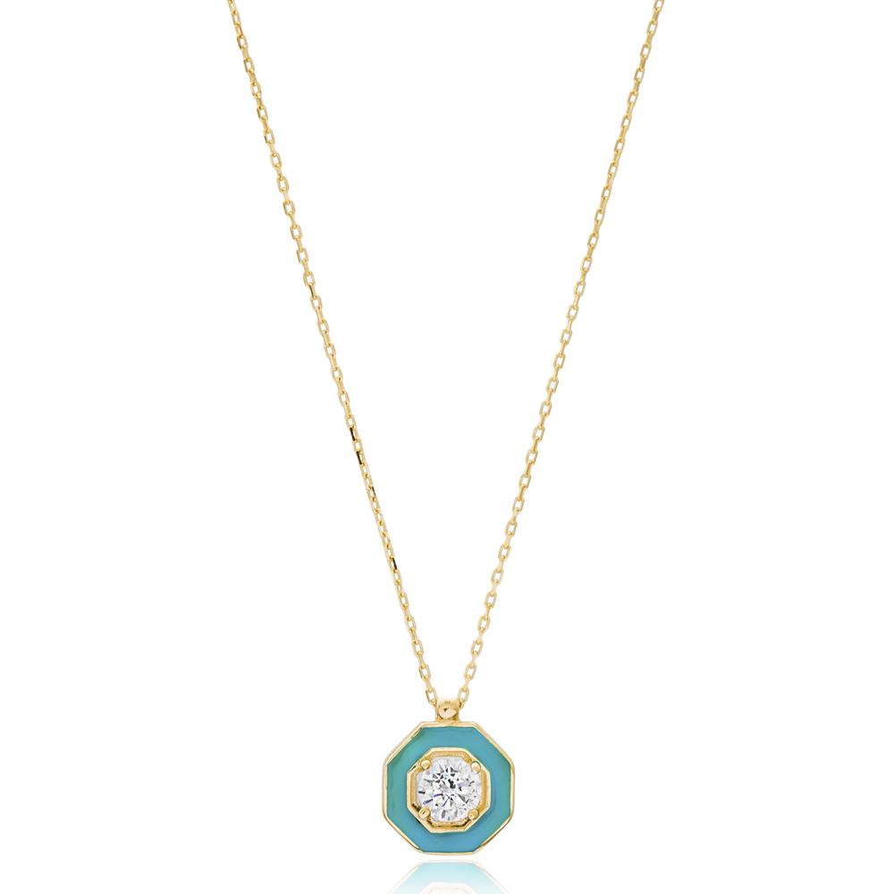 Enamel And Solitaire Turkish Wholesale 14k Gold Necklace