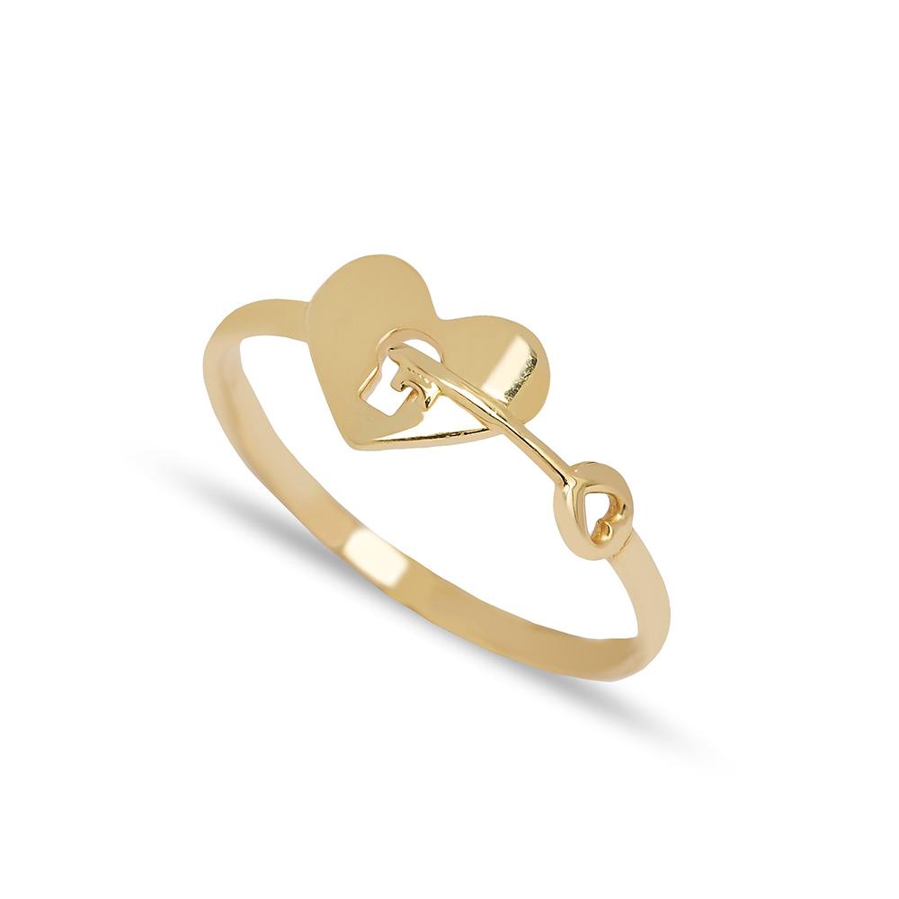 Heart And Key Design Ring 14 k Wholesale Handmade Turkish Gold Jewelry