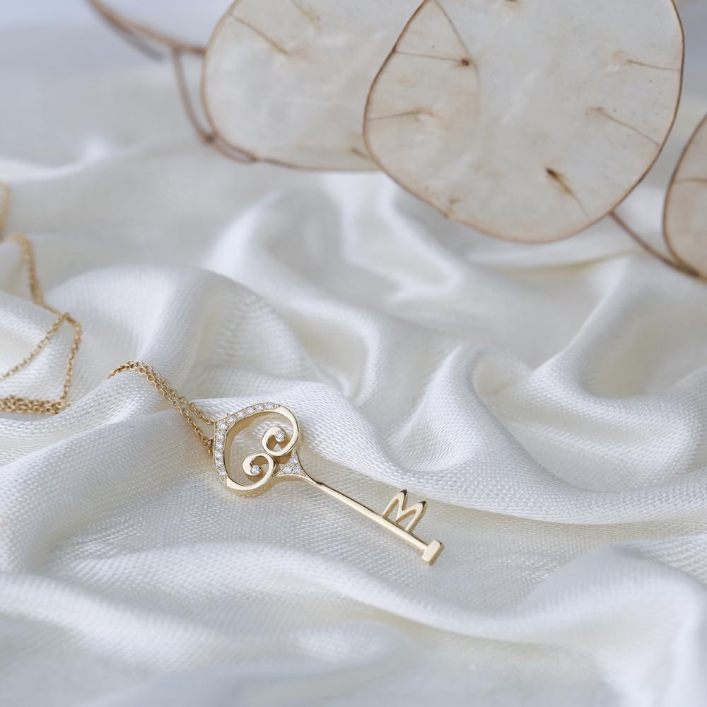 Diamond Key Design Necklace Turkish Wholesale 14k Gold Necklace