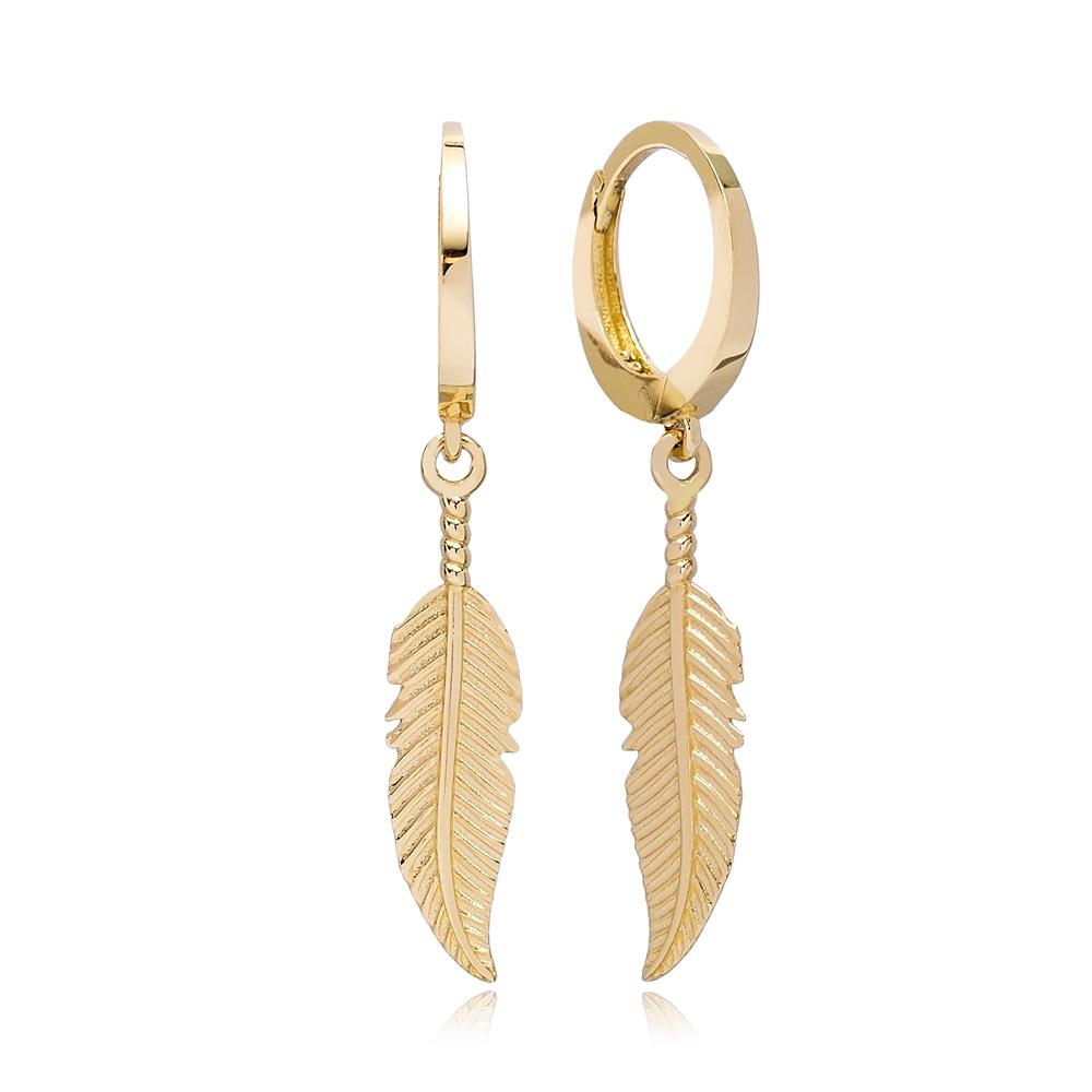 Leaf Charm Hoop Earring Wholesale Turkish 14k Gold Earrings