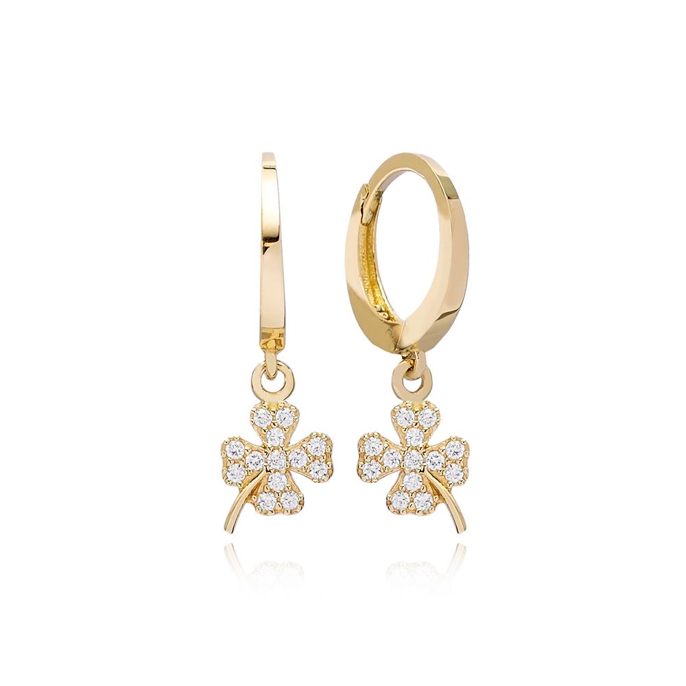 Clover Charm Hoop Earring Wholesale Turkish 14k Gold Earrings