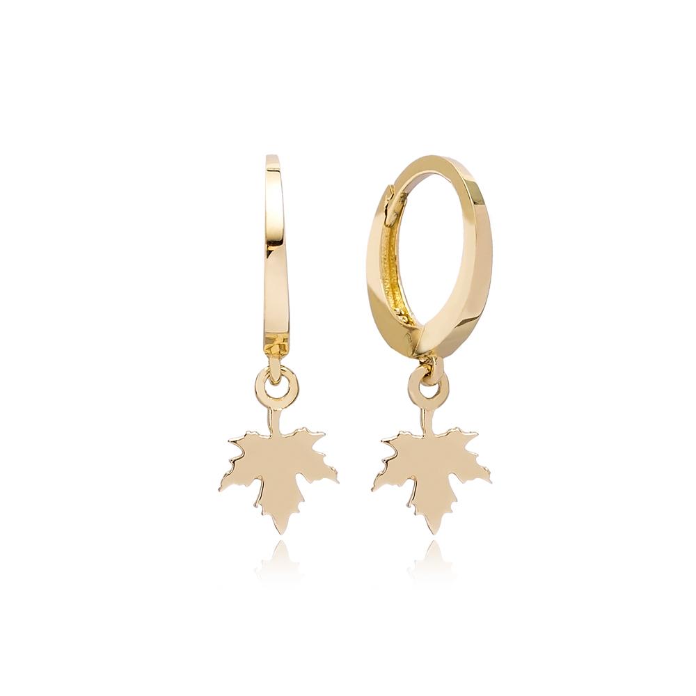 Maple Leaf Charm Hoop Earring Wholesale Turkish 14k Gold Earrings