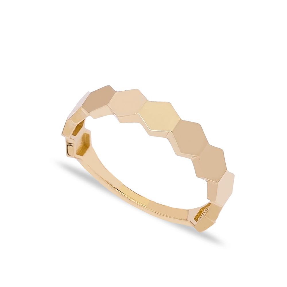 14k Solid Gold Band Hexagon Chain Ring Turkish Gold Jewelry