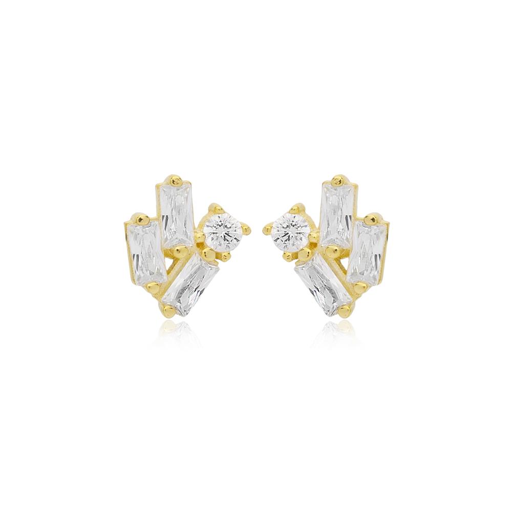 Minimalist Baguette Stone Stud Earrings Wholesale Turkish 14k Gold Jewelry