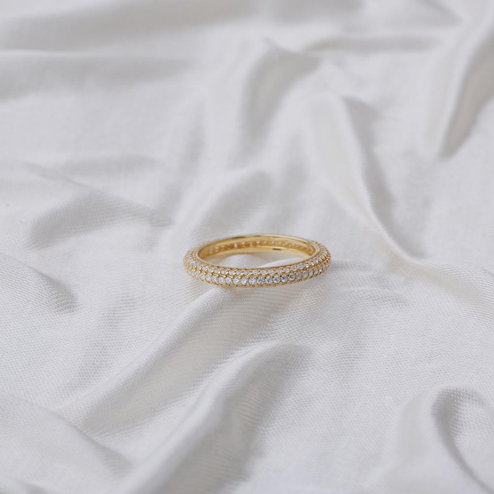 Micro Pave Zirconia Stone Band Ring Turkish Handmade 14k Solid Gold Jewelry