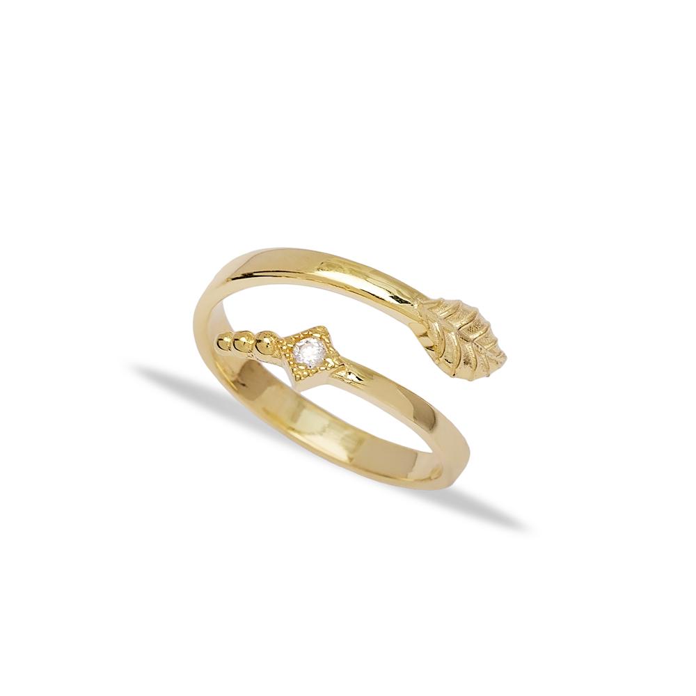 Stylish Leaf Design Adjustable Ring Turkish Handmade 14k Solid Gold Jewelry