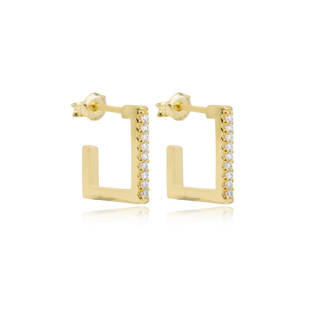 Square Design Geometric Stud Earrings Turkish 14K Gold Jewelry