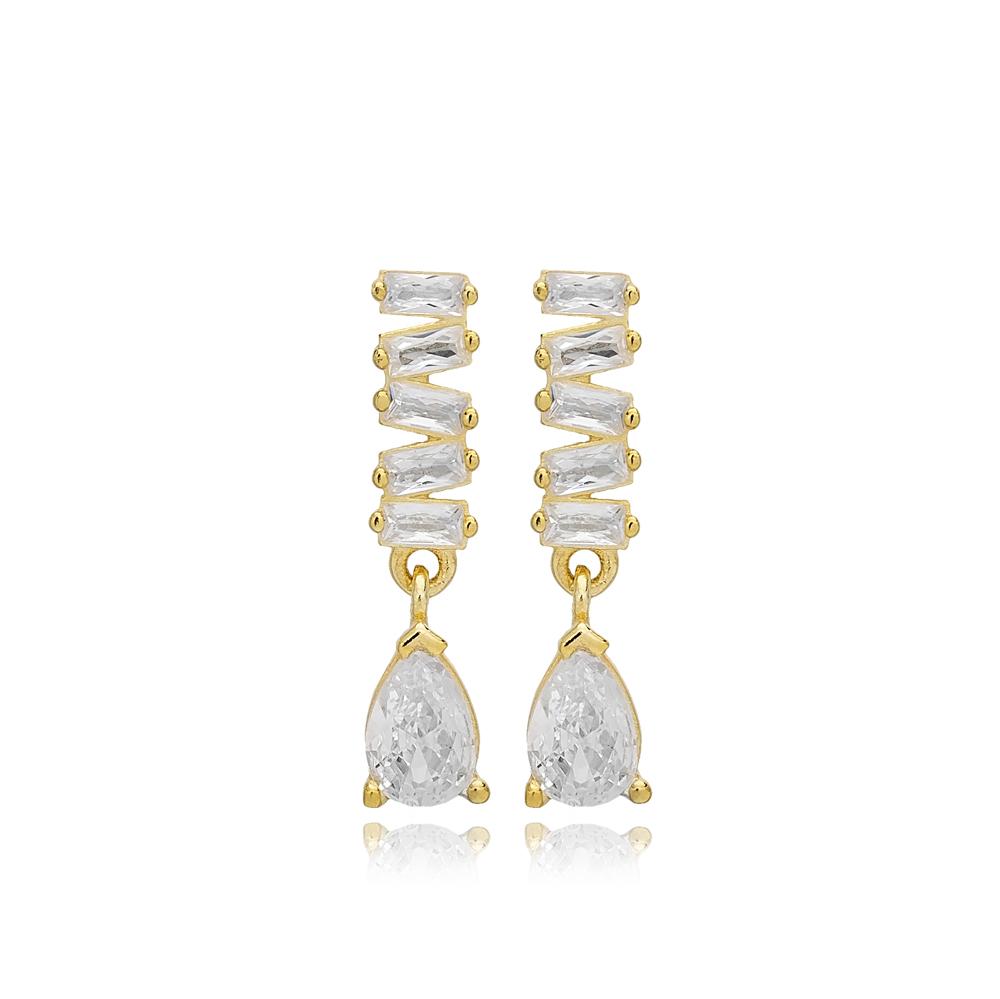 Shiny Baguette Stone Stud Earrings 14K Gold Jewelry
