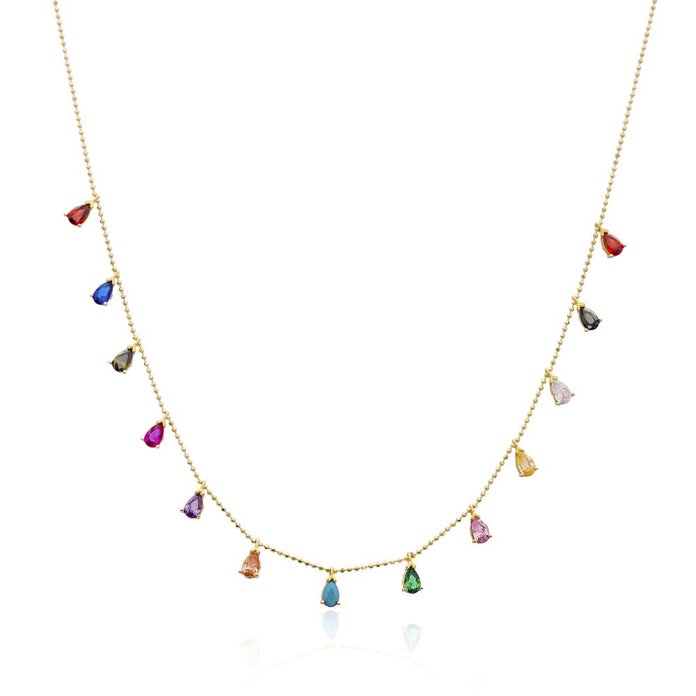 14K Gold Elegant Shaker Drop Shape Colorful Stone Pendant Wholesale Handmade Turkish Jewelry