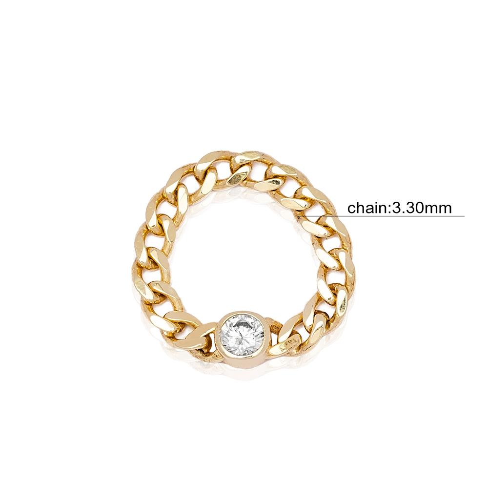 Round Zircon Stone Chain Design Ring 14k Gold Jewelry