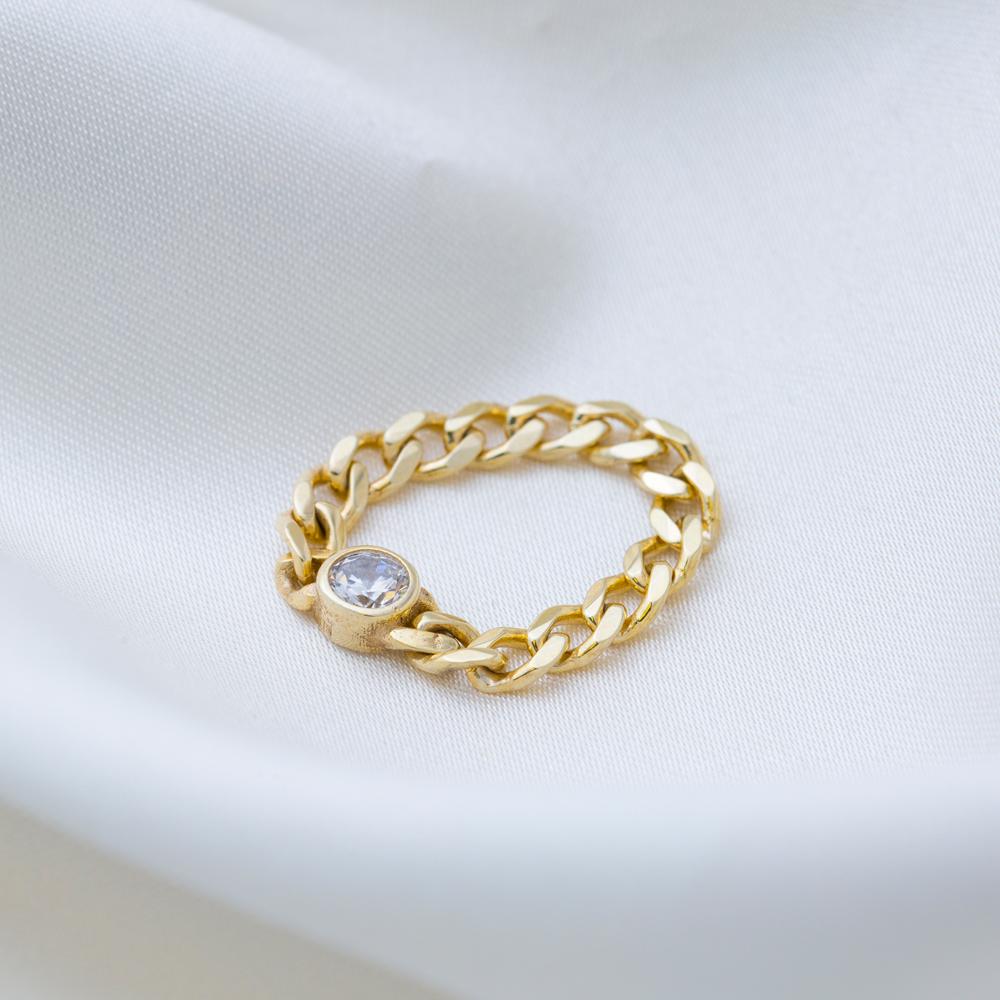 Round Zircon Stone Chain Design Ring 14k Gold Jewelry