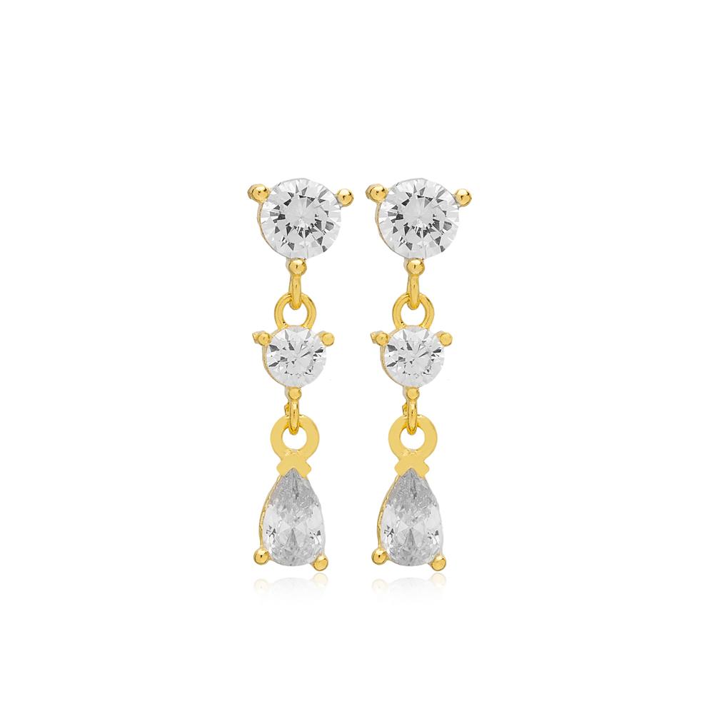 Triple Zircon Stone Stud Earrings 14K Gold Jewelry