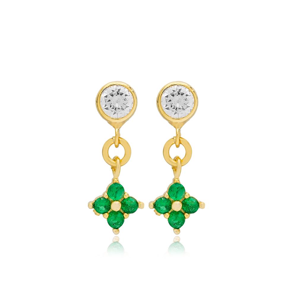 Flower Design Emerald Stone Stud Earrings 14k Gold Jewelry