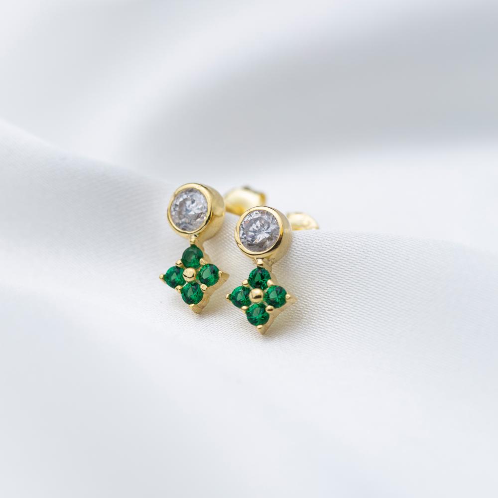 Flower Design Emerald Stone Stud Earrings Turkish Handmade 14k Gold Jewelry