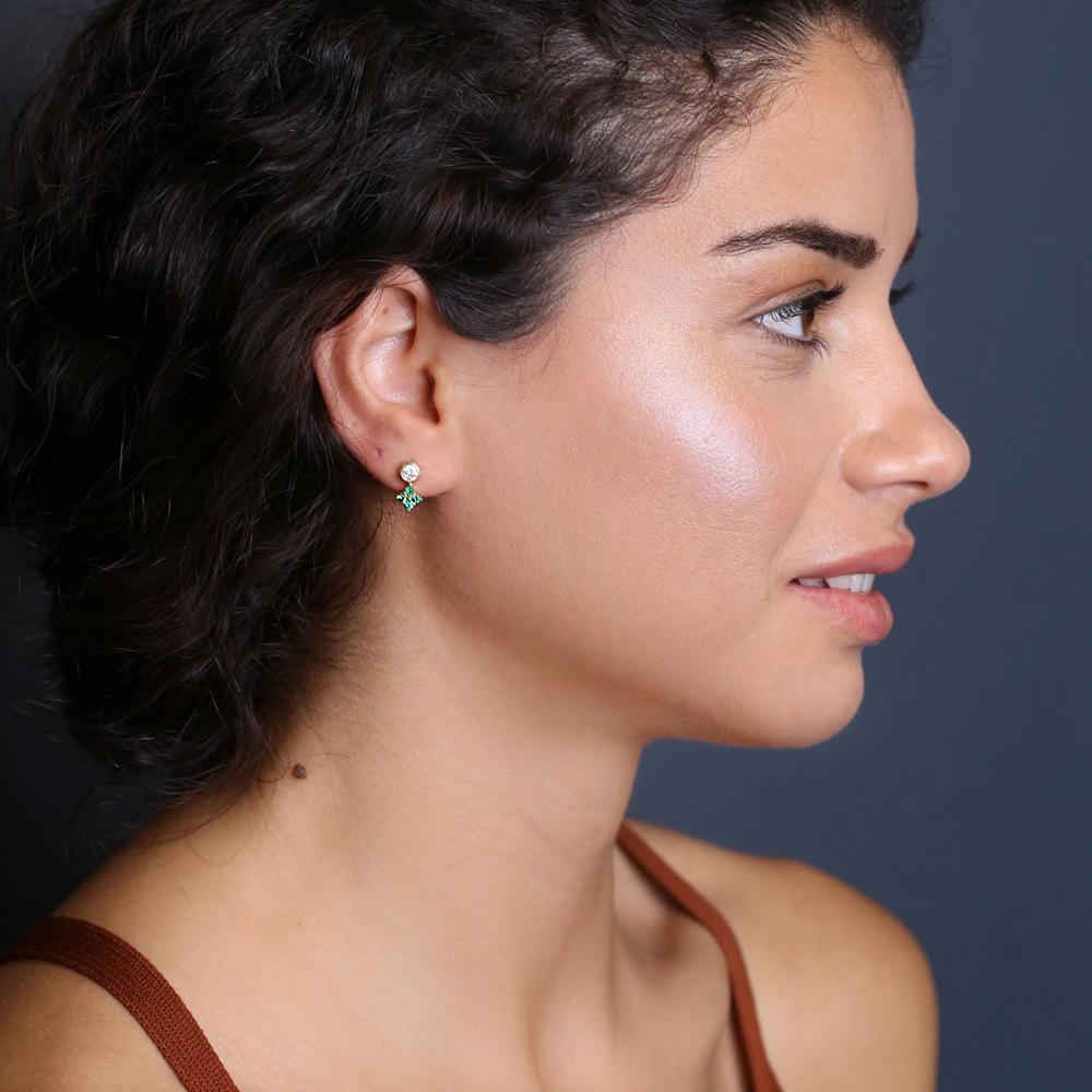 Flower Design Emerald Stone Stud Earrings Turkish Handmade 14k Gold Jewelry