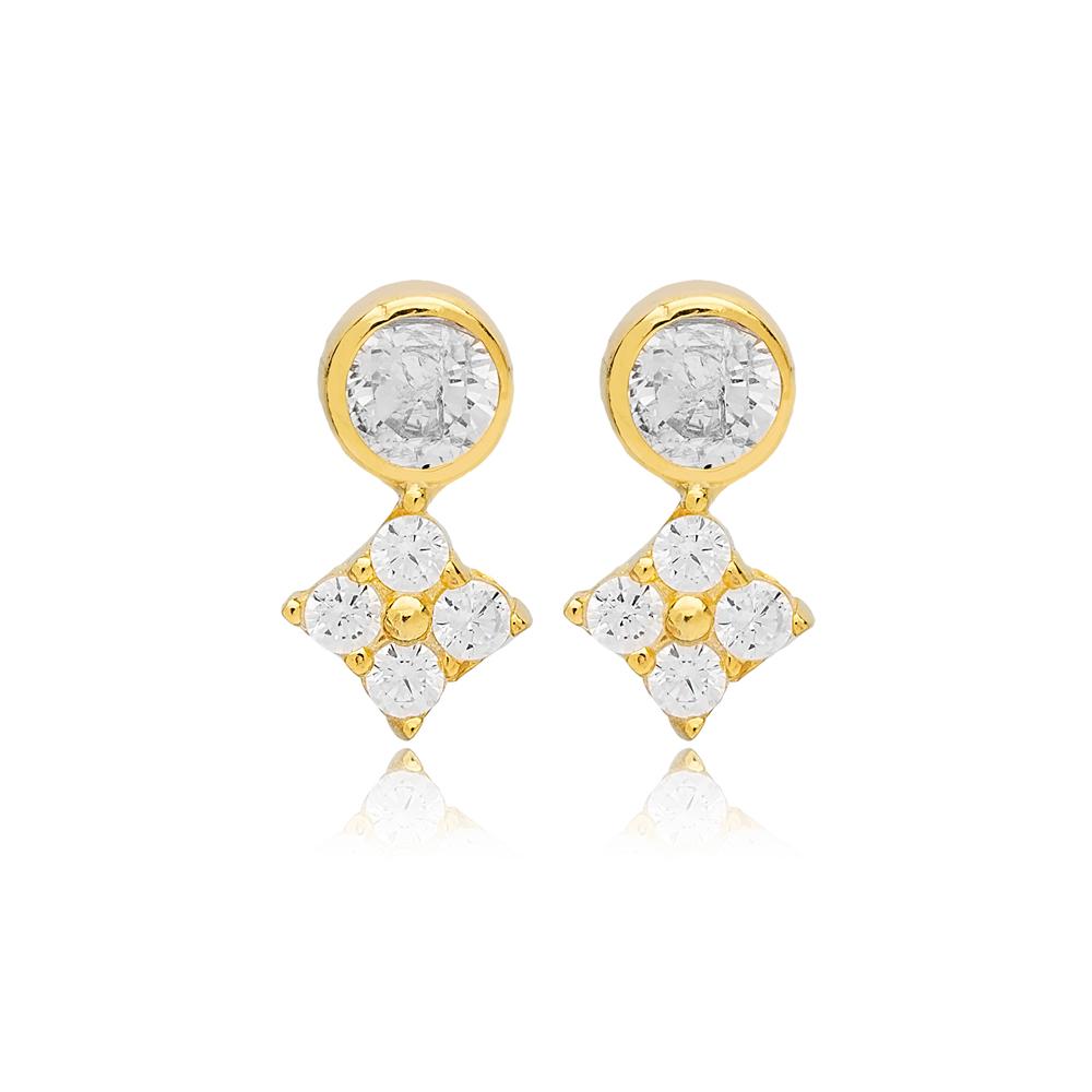 Geometric Design Zircon Stone Stud Earrings Turkish Handmade 14k Gold Jewelry