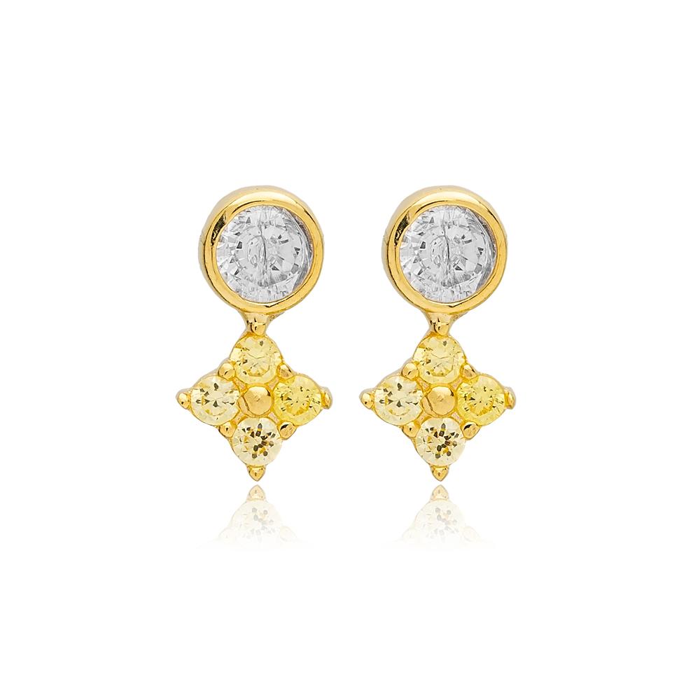 Geometric Design Citrine with Zircon Stone Stud Earrings 14k Gold Jewelry