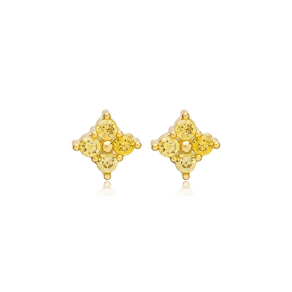 Geometric Design Citrine Stud Earrings 14k Gold Jewelry
