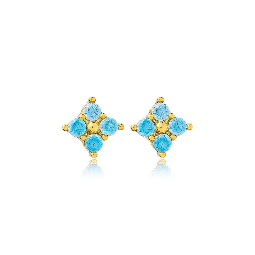 Geometric Design Aquamarine Stud Earrings 14k Gold Jewelry