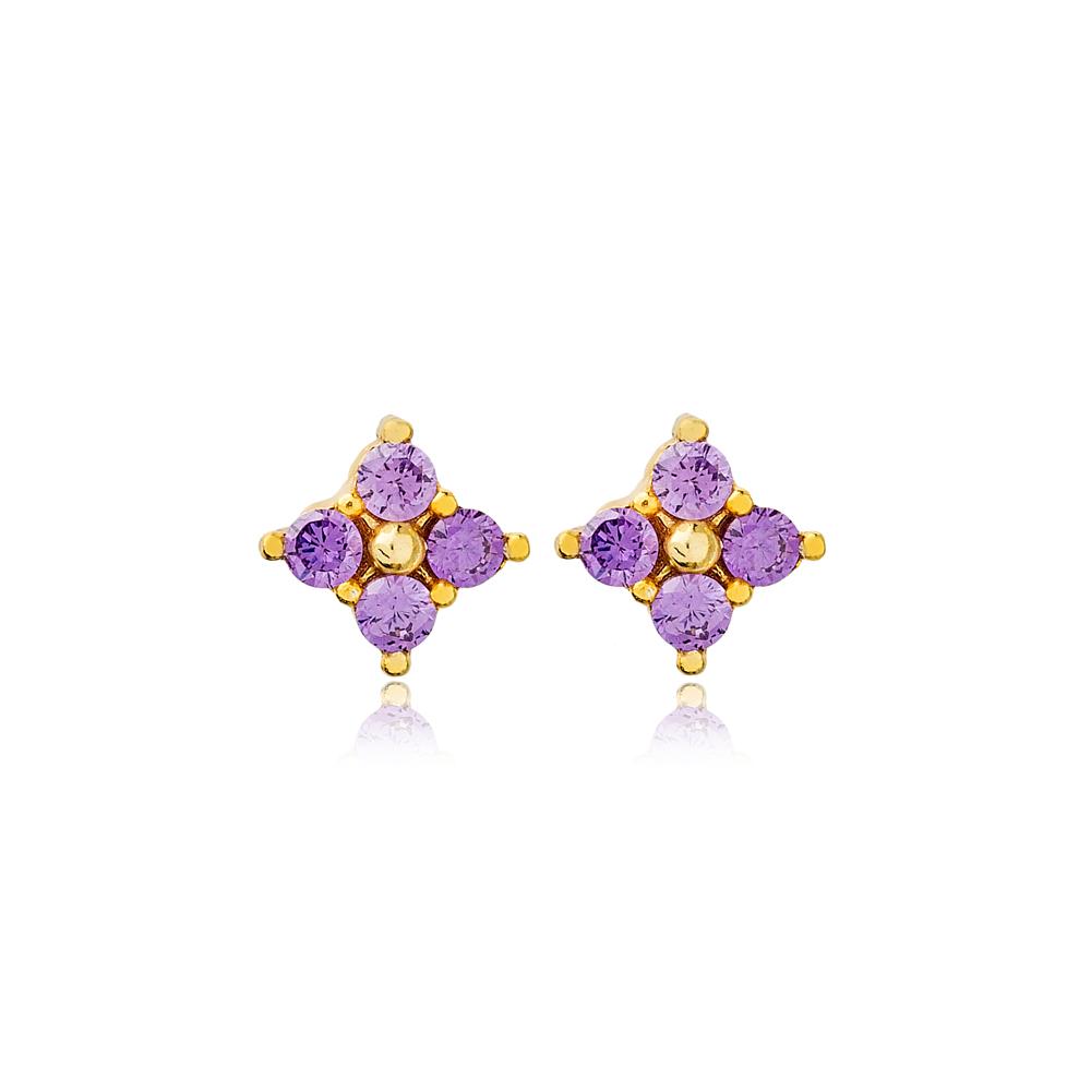 Geometric Design Amethyst Stud Earrings 14k Gold Jewelry